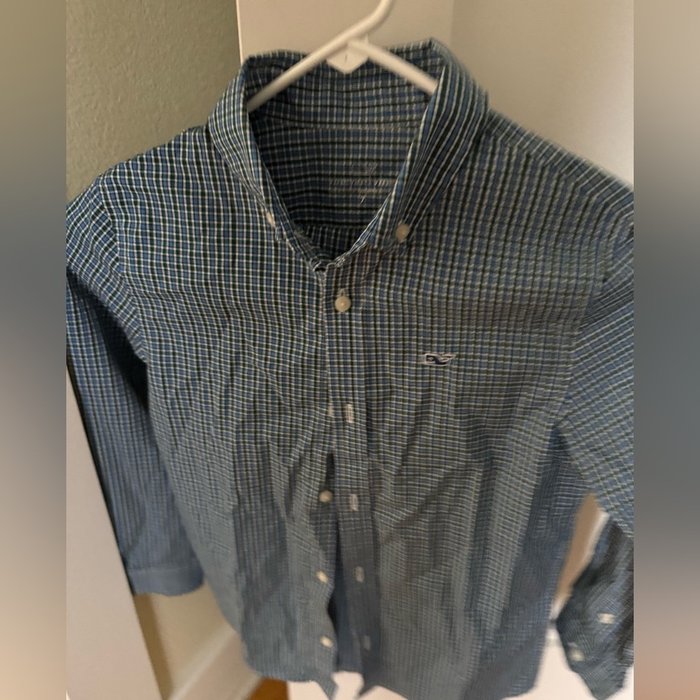 Vineyard Vines Navy and Green Checkered Shirt